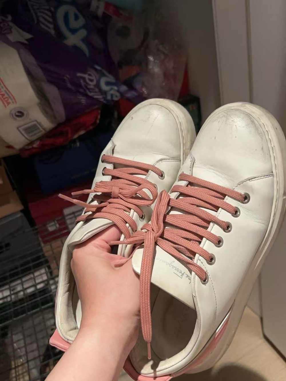 Salvatore Ferragamo White Leather Sneakers with Pink Accents